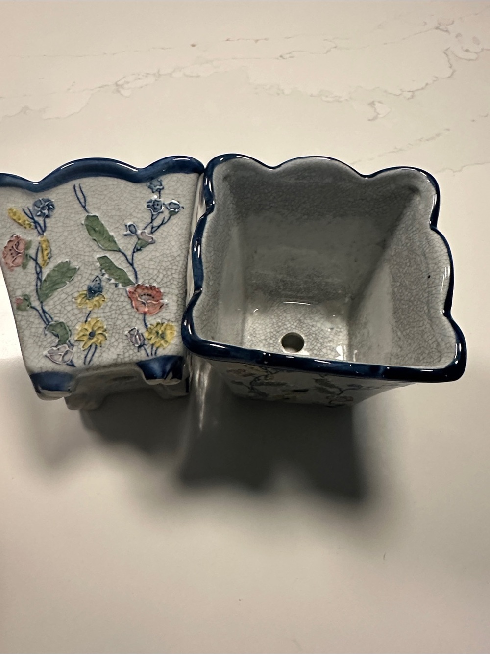 Vintage Set of 2 Blue-Trim Raised Floral Ceramic Mini Catch Pot/Planter